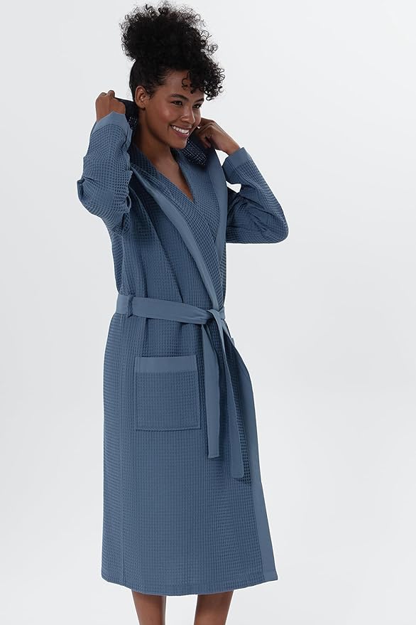 SEYANTE Women’s Luxury Waffle Shawl Collar, Hooded Robe w Piping – Lightweight, Long, Ultra Soft Spa Sleepwear Bathrobe