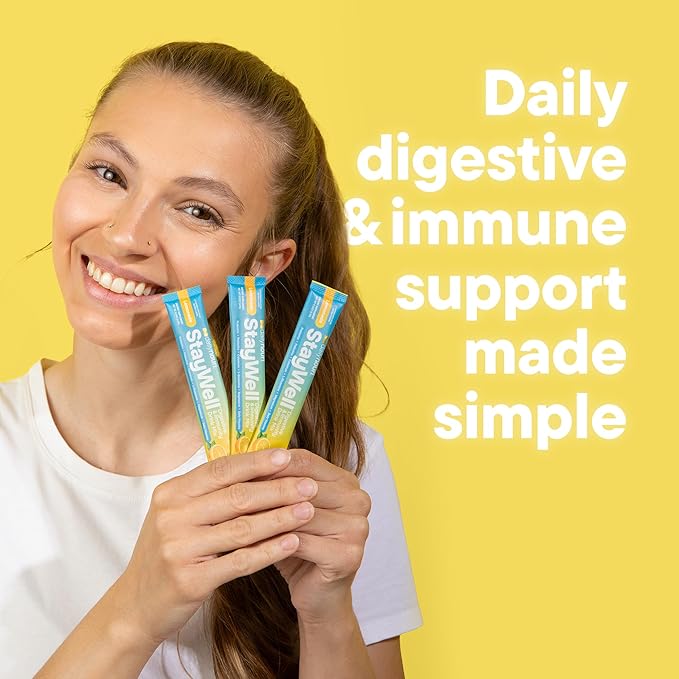 Daily Nouri StayWell Digestive & Immunity Drink Mix | Gut Health, Digestion & Bloating Relief | Probiotics, Prebiotics, Colostrum, L-Glutamine, Magnesium, Zinc, Vitamins | 30 Stick Packs