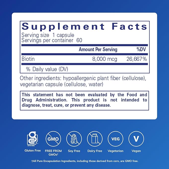 Pure Encapsulations Biotin 8 mg - B Vitamin Supplement to Aid Stress Relief, Hair, Skin & Nail Strengthening, Metabolism, Carbohydrate Support & Nervous System* - with Premium Biotin - 60 Capsules