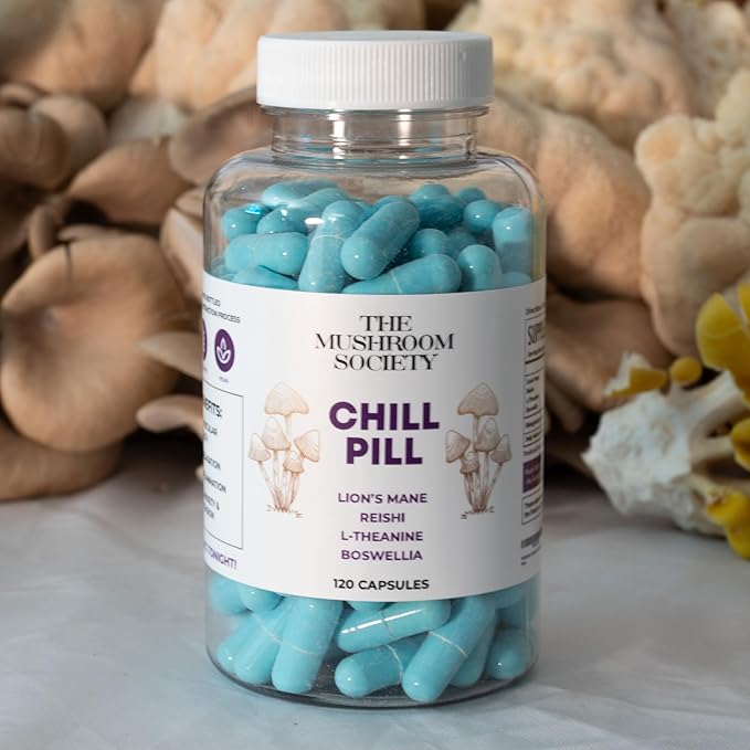 Chill Pill - Lion’s Mane, Reishi, L-Theanine & Boswellia Extract Blend - Mushrooms Supplement for Relax, Recover & Recharge - 120 Vegan Capsules