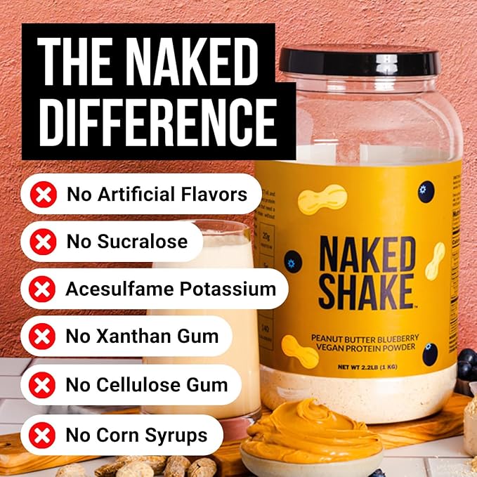 Naked Shake - Peanut Butter Blueberry Protein Powder, Plant Based Protein with Mct Oil, Gluten-Free, Soy-Free, No Gmos Or Artificial Sweeteners - 30 Servings