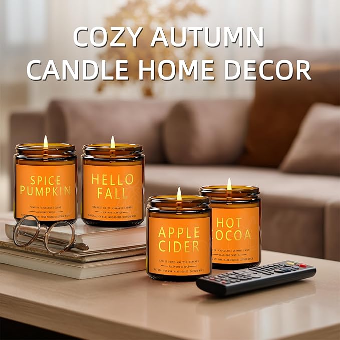 Fall Candles Set | 4 Pack Candles for Home Scented Natural Soy Wax, Autumn Gifts Set for Women Men, Fall Fragrance of Hellofall, Spice Pumpkin, Apple Cider, Hot Cocoa