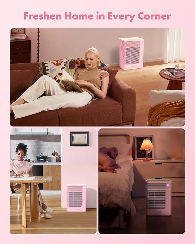 Trucozie Air Purifier for Home Large Room Bedroom Up to 1937 Ft² in 1 Hr With Double-sided Air Inlet, Air Quality and Light Sensors, HEPA Sleep Mode for Allergies, Dust, Pollen, Pet Hair, Pink