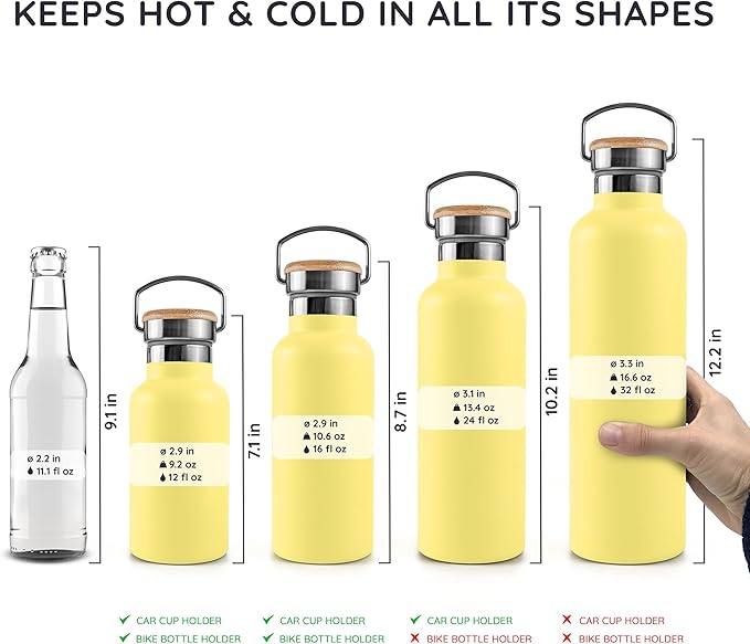 Bambaw Insulated Water Bottle 1l, Yellow Water Bottle, Stainless Steel Water Bottle 1l, Leakproof Water Bottle, Thermal Water Bottle, 1l Insulated Water Bottle, 1l Metal Water Bottle – Yellow Beam