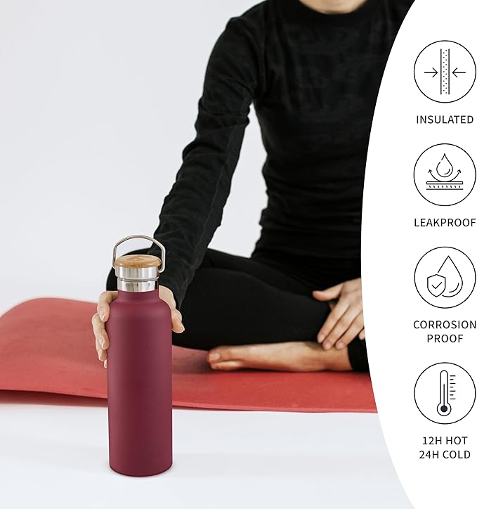 Bambaw 12 oz Insulated Water Bottle with Handle, Wide Mouth Insulated Water Bottle Red, Stainless Steel Water Bottle, Metal Water Bottle Double Wall Insulated, Small Water Bottle Reusable – Red Berry