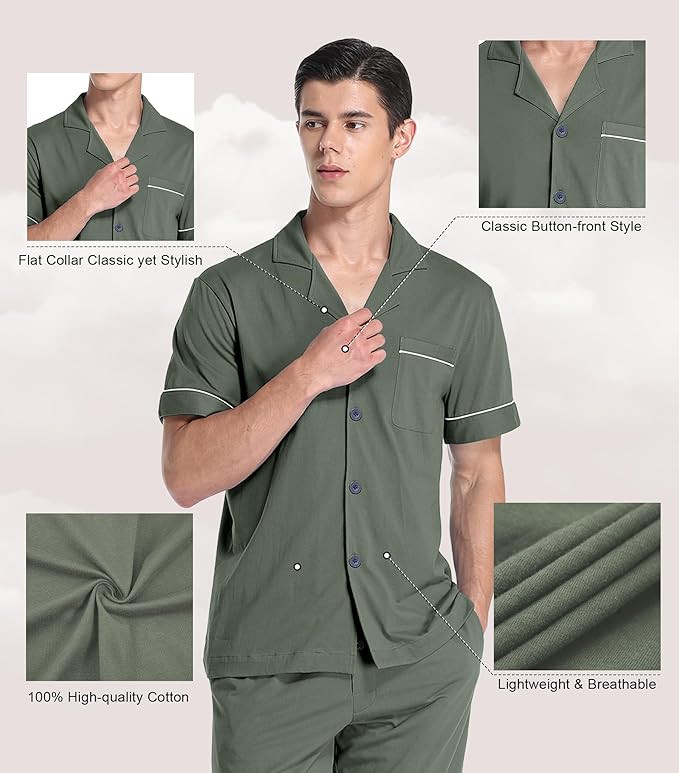 COLORFULLEAF Men's 100% Cotton Pajamas Set Button Down Sleepwear Short Sleeve and Long Pants Pjs