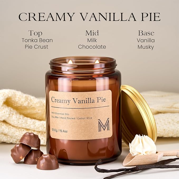 M&SENSE Creamy Vanilla Pie Home Scented Candle | 19.4oz, 116-Hour Burn | Natural Organic Soy Wax | Long-Lasting for Stress Relief and Gifting | for Bedroom,Relaxing SPA,Office