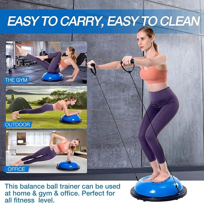 Half Balance Ball Trainer, Half Yoga Exercise Ball with Resistance Bands and Foot Pump, Balance Trainer for Stability Training, Strength Exercise Fitness, Home Gym Workout Equipment