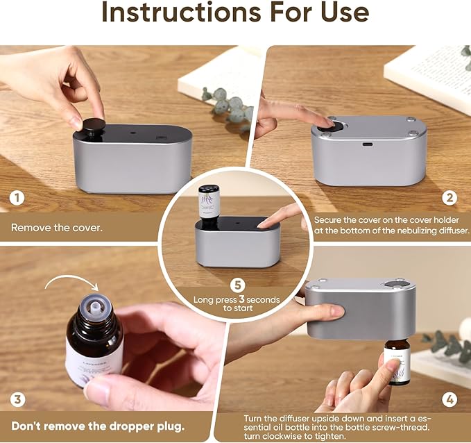 Waterless Diffuser for Home Essential Oil Diffuser, Aromatherapy Diffuser, Portable Scent Diffusers, 3 Mist Modes, Cycle Start for Bedroom, Office Studio 160 sq. ft Silver