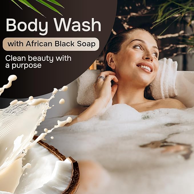Natural Wunderz African Black Soap Body Wash, 12 oz – Sulfate‑Free, Vegan Cleanser with Shea Butter – Soothing, Detoxifying Shower Gel for Men & Women