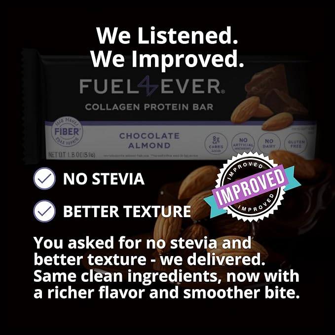 Fuel4Ever Collagen Protein Bars | 14G protein, Gluten Free, Dairy Free, No Stevia or Artificial Ingredients Added, Sweeteneed with Honey | Box of 12 Chocolate Almond Flavor