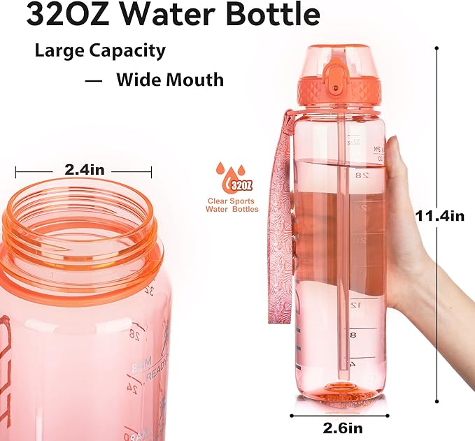 GOPPUS Clear Water Bottle With Straw 32oz Sports Water Bottles Motivational with Time Marker Tritan BPA Free Clear Plastic Water Bottle Wide Mouth for Gym Travel Home School Office