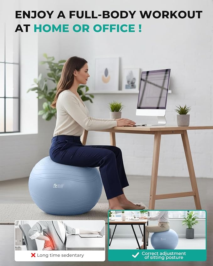 Gruper Yoga Ball, Extra Thick Exercise Ball for Workout Pregnancy Stability - 4 Sizes Anti Burst Balance Ball for Yoga, Pilates, Fitness, Birthing, Physical Therapy - Includes Pump
