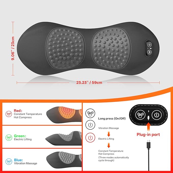 3-in-1 Electric Lumbar Support Pillow for Bed and Chair, Smooth Spine Triple Fusion Back Massager with Heated, Vibration and Traction for Lower Back Pain Relief and Spine Support