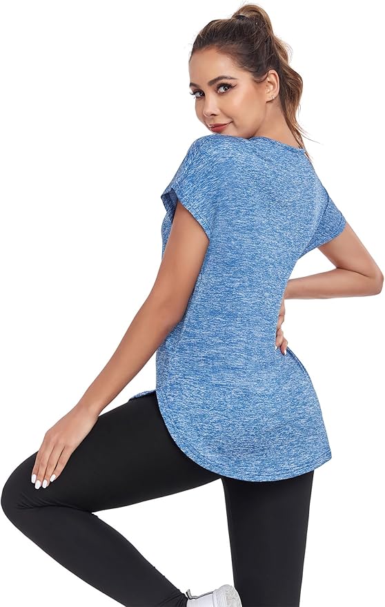 Women's Short Sleeve Workout Shirts V Neck Exercise Yoga Basic Top Quick Dry Side Split