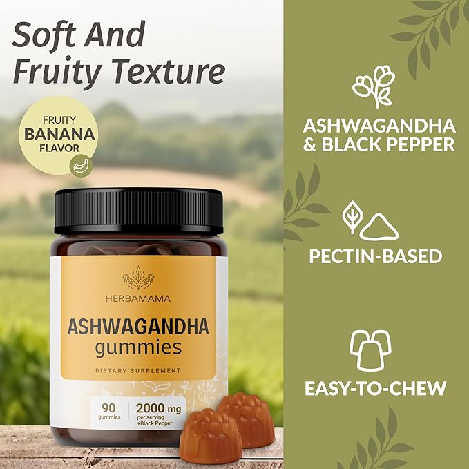HERBAMAMA Ashwagandha Gummies - 2000mg Pure Ashwagandha Root with Black Pepper for Calm & Mood Support - Vegan, Non-GMO Calming Supplements for Adults - 90 Pectin-Based Banana-Flavored Chews
