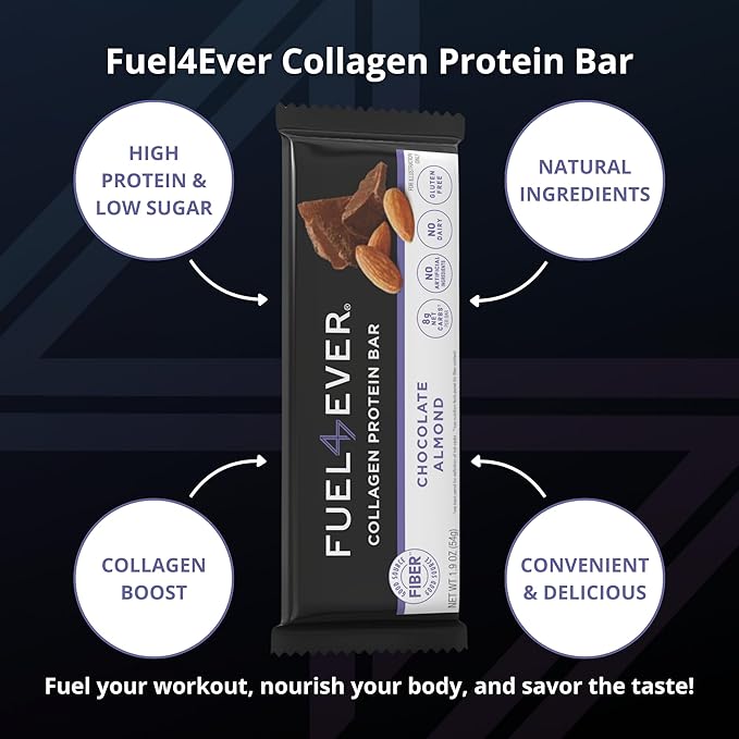 Fuel4Ever Collagen Protein Bars | 14G protein, Gluten Free, Dairy Free, No Stevia or Artificial Ingredients Added, Sweeteneed with Honey | Box of 12 Chocolate Almond Flavor