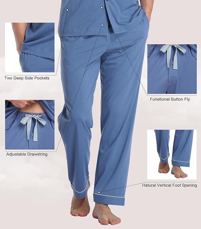 COLORFULLEAF Men's 100% Cotton Pajamas Set Button Down Sleepwear Short Sleeve and Long Pants Pjs