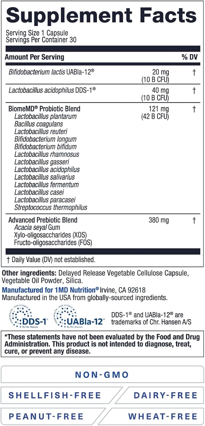 1MD Nutrition BiomeMD Probiotics | 62 Billion CFUs, 15 Comprehensive Strains - Pro & Prebiotics | Doctor-Formulated for Digestive Health & Immune Support | 30 Capsules