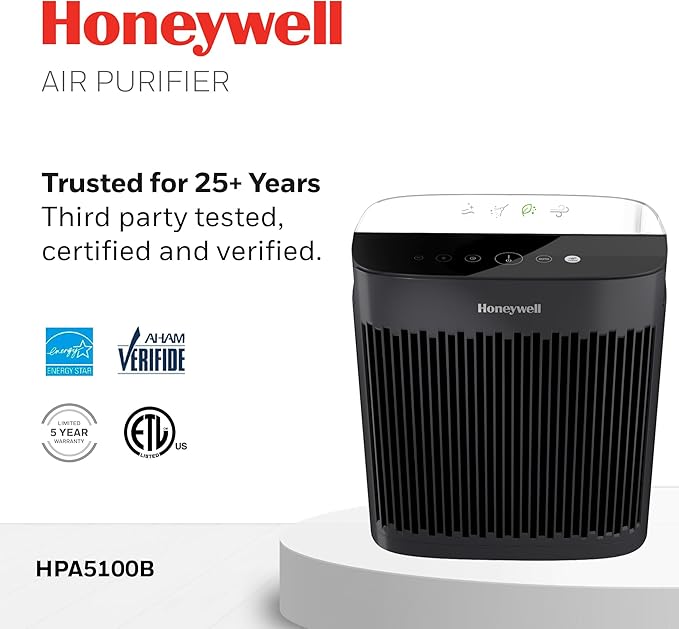 Honeywell Allergen Plus HEPA Air Purifier for Home, Large Rooms up to 900 Ft², Turbo Clean, HEPA Filter Reduces Allergens, Dust, Pollen, Pet Dander, All Smoke Types, Odors, Black, HPA5100B