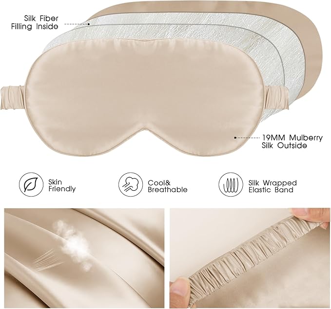 Soft Real Silk Light Blocking Cooling Sleep Eye Mask for Women/Men/Travel/Airplane,Beige