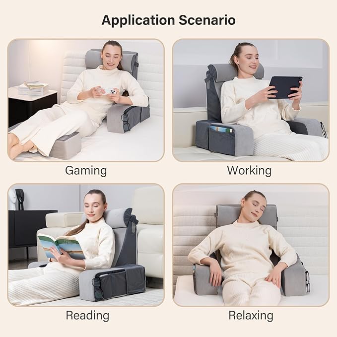 Vekkia 21" Reading Pillow with Adjustable Arms & Headrest – Zoned Foam Support, XL Side Pockets, Removable Cover, Back Support Chair for Reading, Gaming, TV, Post-Surgery Recovery in Bed or Floor