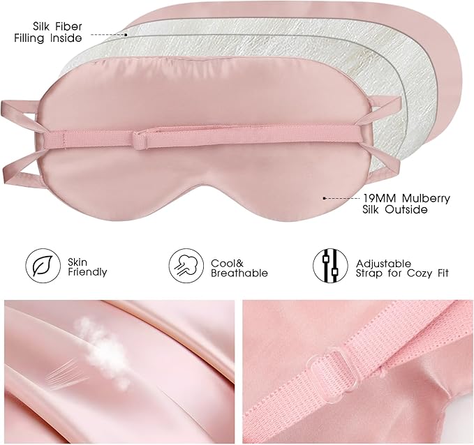 Silk Eye Mask for Sleeping with Adjustable Strap for Women/Men/Adults Blackout Pure Mulberry Silk Sleep Mask for Side Sleeper/Travel/Flight,Pink