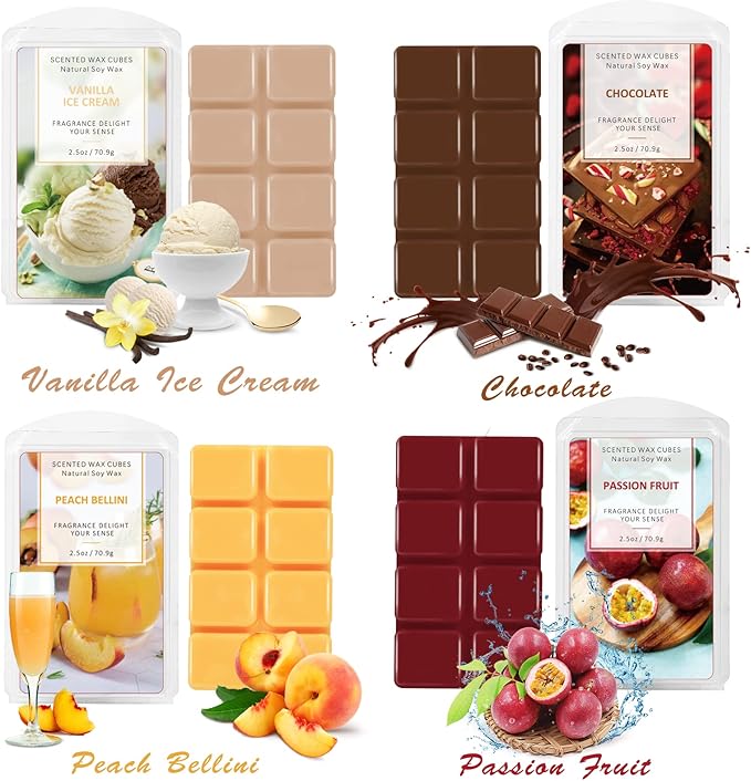 SCENTORINI Wax Melts, Scented Wax Melts for Wax Warmer Vanilla & Ice Cream, Lemon Soda, Marshmallow, Baby Powder, Rosemary & Black Currant, Passion Fruit, Chocolate, Peach Bellini 8 X 2.5 OZ