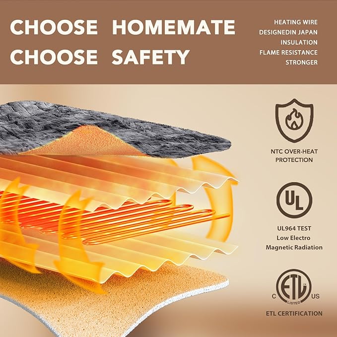 Homemate Electric Heated Blanket Queen Size - 84"x90" Heating Blanket Queen Size Dual Control 1/2/4/6/8 Hours Auto-Off 10 Heat Level Over-Heat Protection Luxury Faux Fur Sherpa ETL Certification