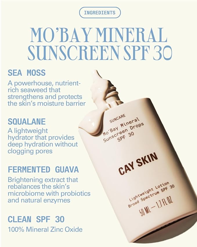 Cay Skin Mo'Bay Mineral Sunscreen Drops SPF 30 – Broad Spectrum Face Sunscreen & Makeup Primer – Lightweight, Moisturizing, Reef Safe Lotion with Natural Finish for All Skin Types – 2-Pack, 1.7 oz.