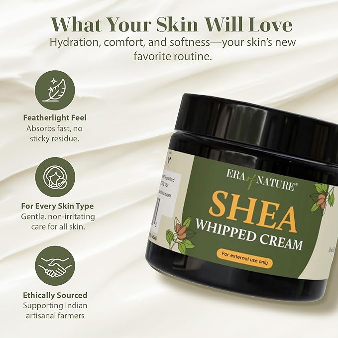 era of nature Shea Butter Whipped Body Cream for Women 16oz - Lightweight Whipped Lotion - Non-Greasy Body Butter Cream Lotion & Balm Moisturizer for Face, Hair & Dry Skin, Vegan Skincare