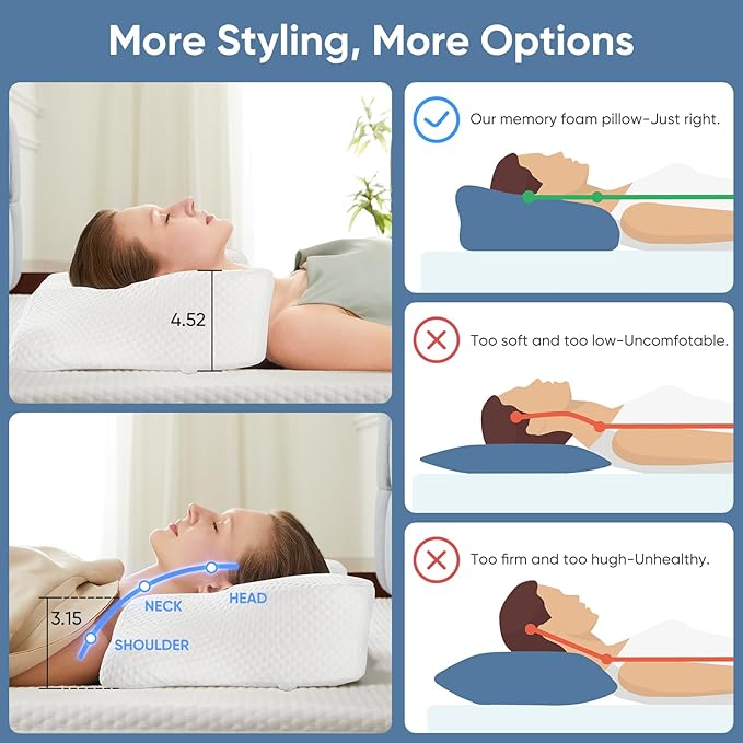 DUMOS Cervical Neck Pillow Set of 2, Memory Foam Contour Pillow with Arm Rest Slot and Soft Breathable Pillowcase, Ergonomic Dual-Height Orthopedic Support for Side, Back, and Stomach Sleepers, White