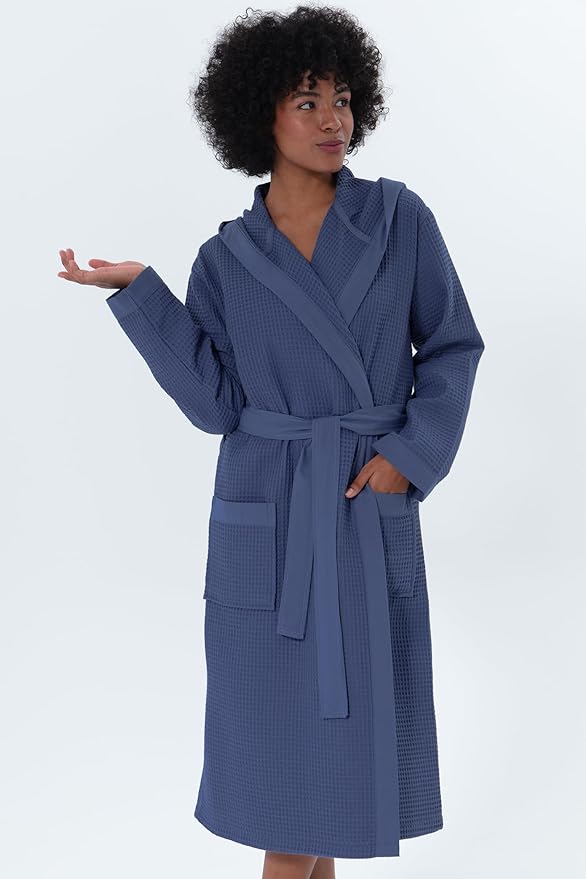 SEYANTE Women’s Luxury Waffle Shawl Collar, Hooded Robe w Piping – Lightweight, Long, Ultra Soft Spa Sleepwear Bathrobe