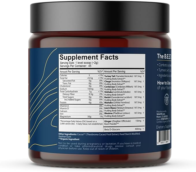 Organic 8 Mushroom Immunity Powder, Non-GMO - Turkey Tail, Chaga, Cordyceps, Shiitake, Reishi, Maitake, Lion's Mane, and Mesima - Vegan Mushroom Supplement in a Resealable Glass Jar