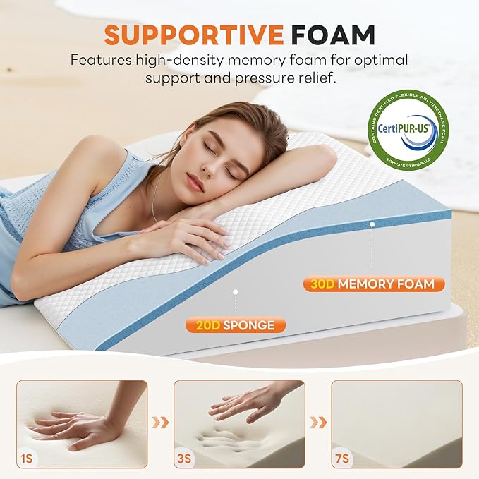 Sweetcrispy Wedge Pillow, Body Pillow for Sleep Apnea, Neck Pain Relief, Post Surgery, Sleeping Comfort, Acid Reflux, Heartburn, Back Pain Relief and Snoring, 7Inch, White& Grey