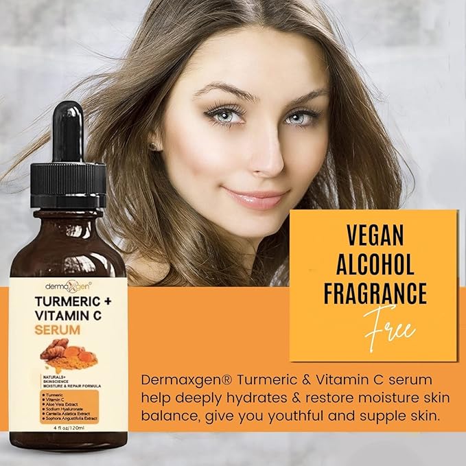 Turmeric Serum for Face + Glow-Boosting Vitamin C Serum –Organic Moisturizer for Acne, Dark Spots & Clear Skin– Boosts Hydration for Dry & Tired Skin – Anti-Aging Formula for Glowing Skin, 4 FL OZ