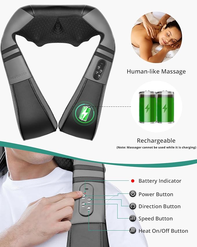 Medcursor Neck Massager with Heat for Pain Relief Deep Tissue, Rechargeable, Shiatsu Neck and Shoulder Massager, Ideal Gifts for Men, Women, Mom & Dad
