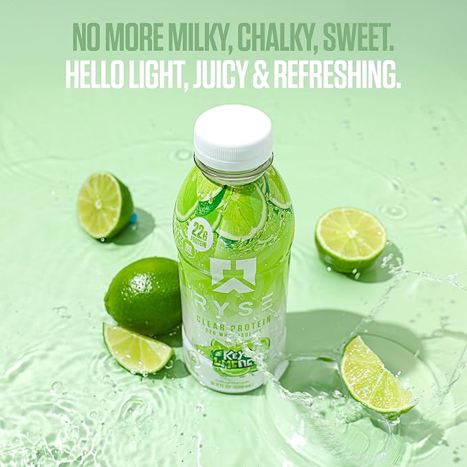 RYSE Clear Protein Shake - Key Lime Pie - 100 Calories, 22g Whey Isolate Protein, Sugar-Free, 0g Fat & Lactose-Free - Refreshing Ready-to-Drink Beverage - 16.9 fl oz Bottles (12-Pack)