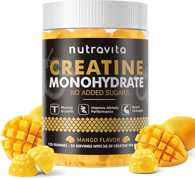 Nutravita Creatine Monohydrate Gummies for Men & Women-5g of Creatine Monohydrate per Serving - Sugar Free,Vegan, Mango Flavor, 120 Count
