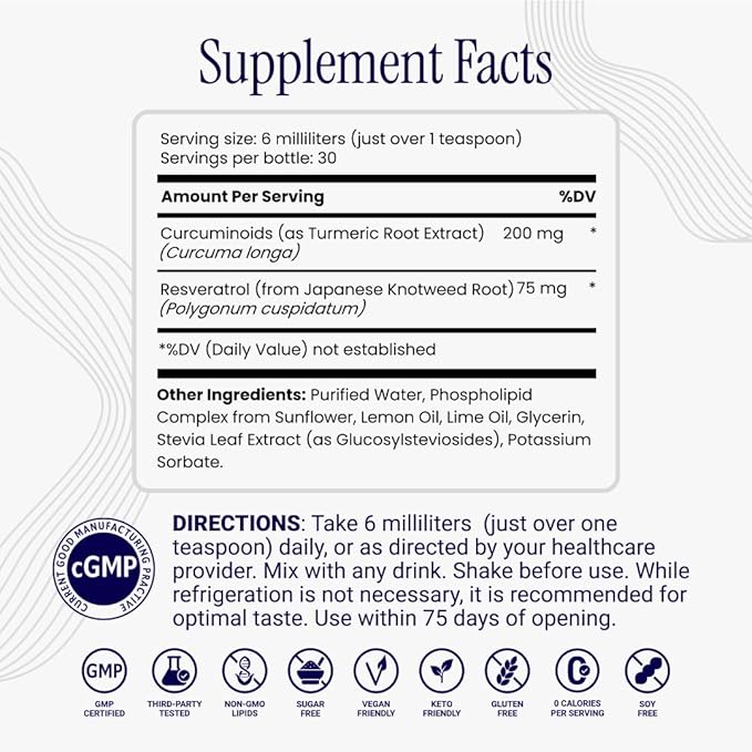 Rho Nutrition Liposomal Curcumin + Resveratrol (1 Pack) – Ultra High Absorption Liquid Curcumin Supplement – Promotes Joint Comfort, Mobility, Cellular Health and Overall Well-Being