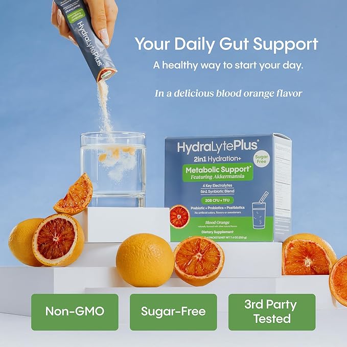 Hydralyte Metabolic Support - 5in1 Probiotic Blend - Support GLP-1 Production with Akkermansia Muciniphila + Prebiotic Fiber + Electrolytes - Daily Metabolism & Digestion - Sugar Free (30 Packets)