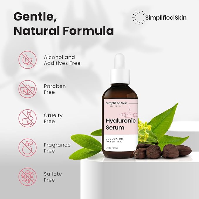 Simplified Skin Hyaluronic Acid Face Serum – Hydrating, Plumping & Youthful Skin - Anti-Aging Formula with Vitamin C, Jojoba Oil & Green Tea – 2 Fl Oz