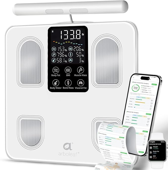 Arboleaf Scale for Body Weight, Smart Scale with BMI, Body Fat, Muscle Mass, 26 Metrics Full Body Composition Analyzer, 8-Electrode High Precision Digital Bathroom Scale, Bluetooth Sync, White