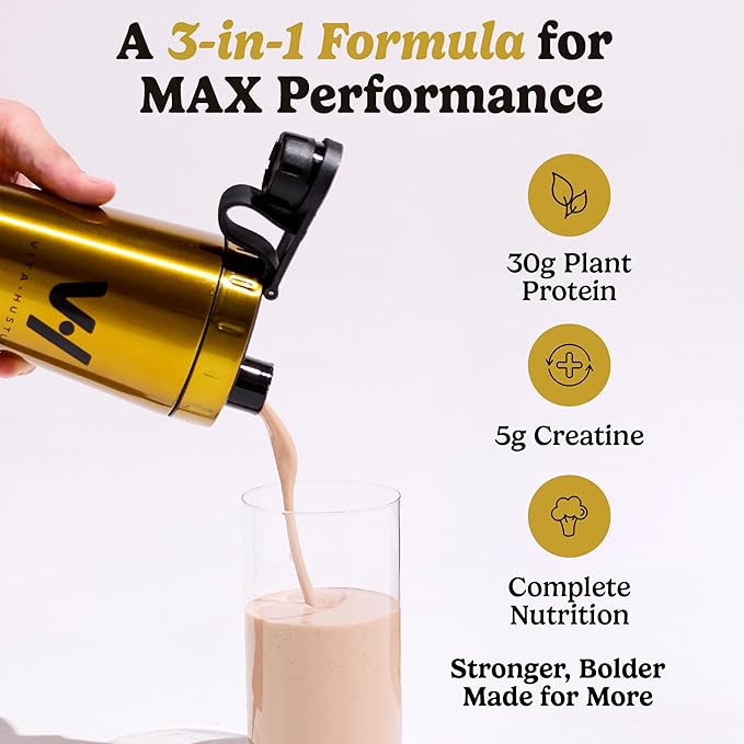 VitaHustle ONE Max Protein + 5g Creatine, 30g Plant Protein Powder, All-in-One Meal Replacement Shake with Greens, Adaptogens, Ashwagandha, Probiotics & Vitamins – Vanilla Ice Cream, 15 Servings