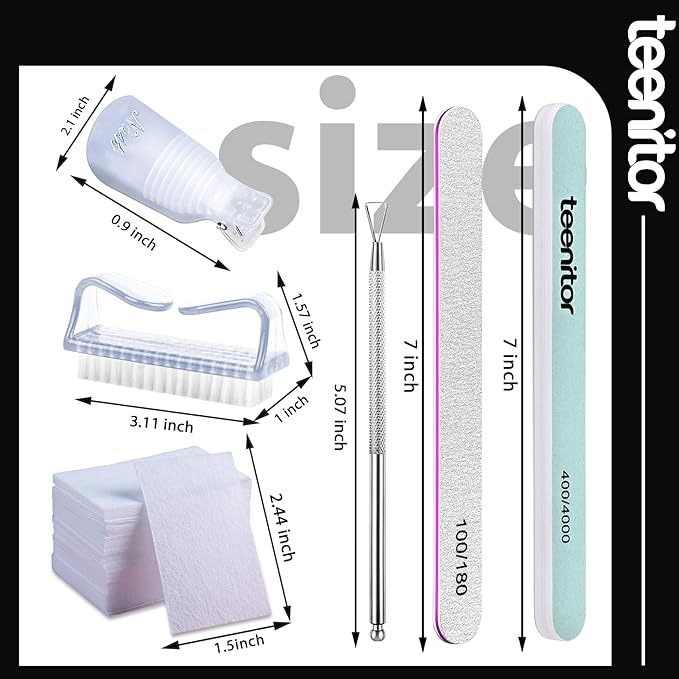 Teenitor gel nail remover kit with10pcs Gel Clip Remover, Brush for Nails, Nail Files 100/180, Buffer Block 400/4000, Stainless SteelCuticle Peeler and 115pcs Lint Free Cotton Pads Nail Wipe Clear