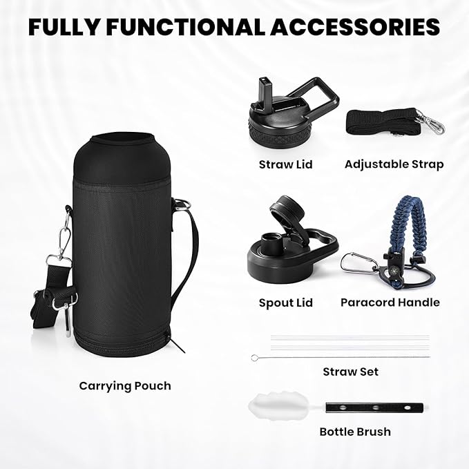 Insulated Water Bottle 32 oz, Triple Wall Vacuum Stainless Steel (Cold for 48 Hrs), Leak Proof & Non-BPA, Modern Water Flask Jug with Paracord Handle & Straw Spout Lids, Navy Blue