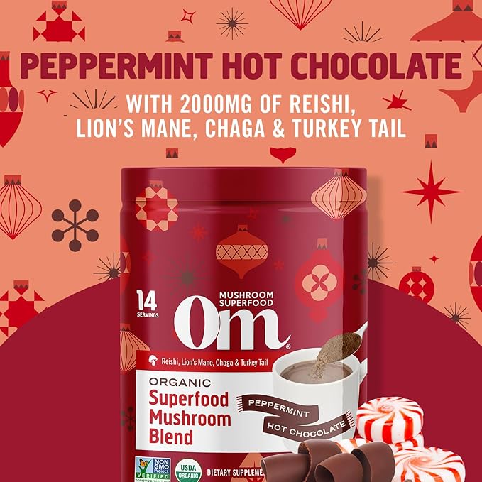 OM MUSHROOM SUPERFOOD Peppermint Hot Chocolate Superfood Mushroom Blend, 4.44 oz, 14 Servings, for Immune Health