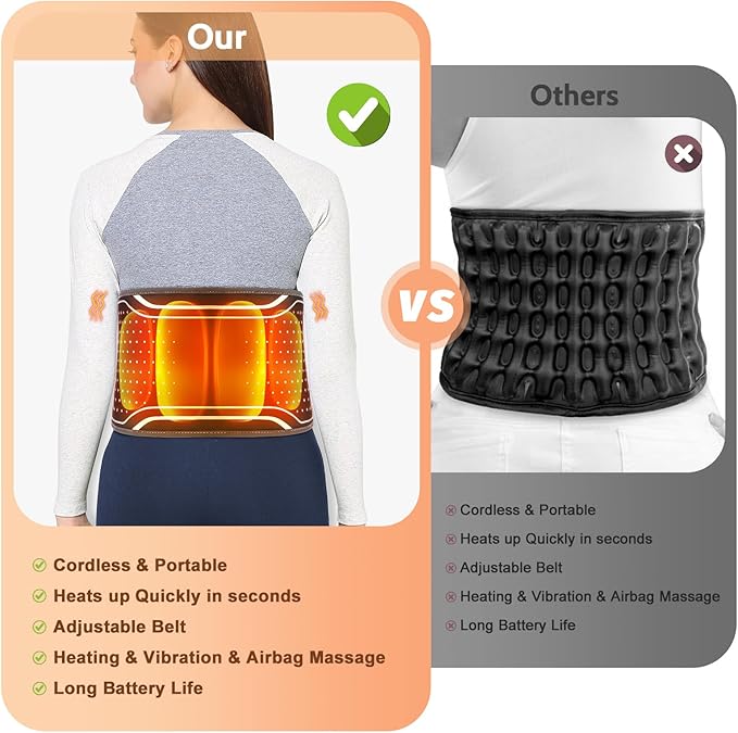 Cordless Heated Lower Back Massager,Heating Pad for Pain Relief,Inflatable Lumbar Belt Massager with 3 Vibration and 4 Heat,3 Airbag,Deep Tissue Air Compression & Vibration Therapy,Gifts for Men Women