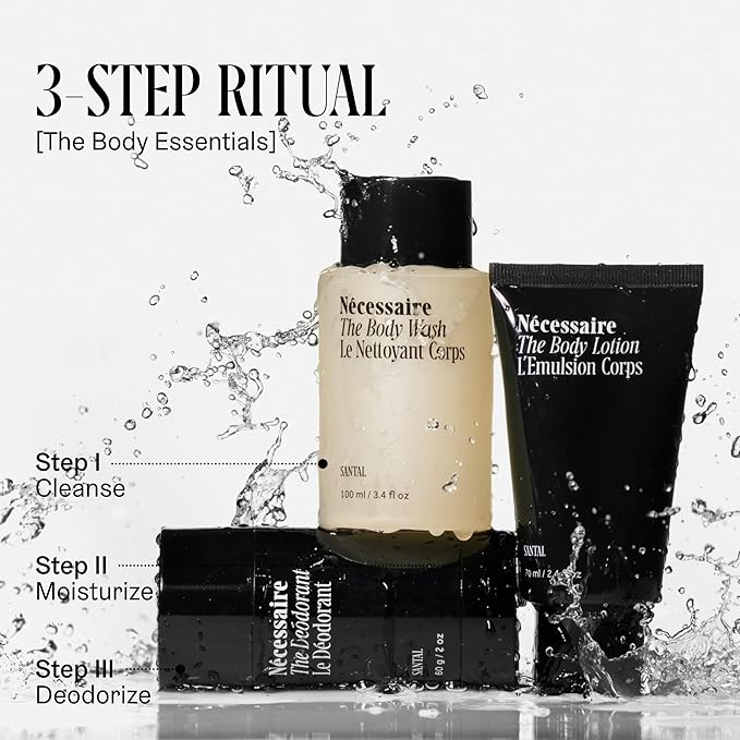 Nécessaire Body Essentials Set – Santal Scented Travel Body Wash, Lotion & Aluminum-Free Deodorant – Clean Skincare for Men + Women – Dermatologist-Tested, Hypoallergenic – 3-Piece Travel Set