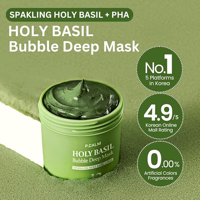 P.CALM Holy Basil Bubble Deep Mask β Holy Basil & Carbonated Water for Cleansing Pores & Blackheads, Korean Clay to Bubble Wash-Off Pack (90g / 3.17 oz)